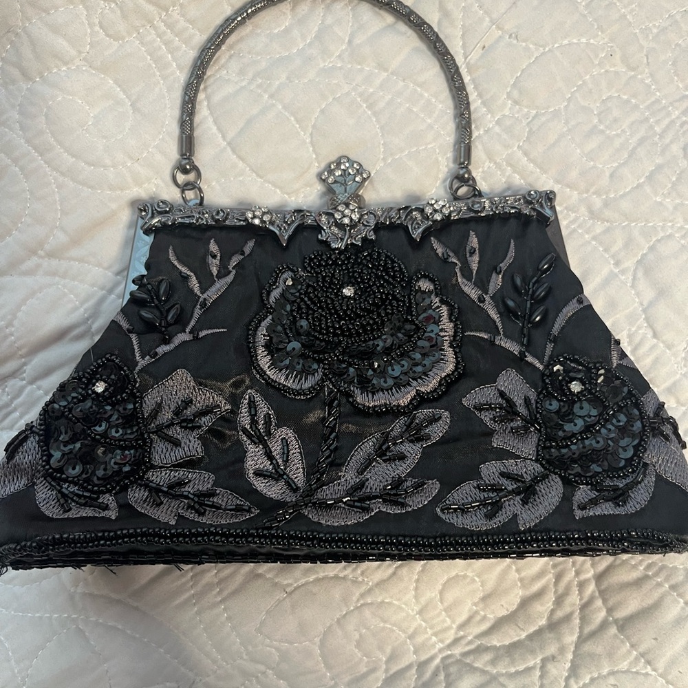 Elegant Black Floral Embellished Handbag